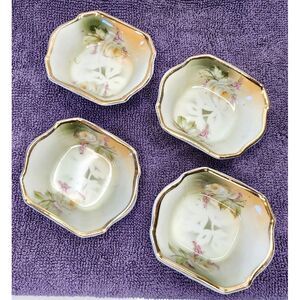 VTG Porcelain Open Salt Cellars Germany Gold Rims Floral Pink Green Roses Set/4‎